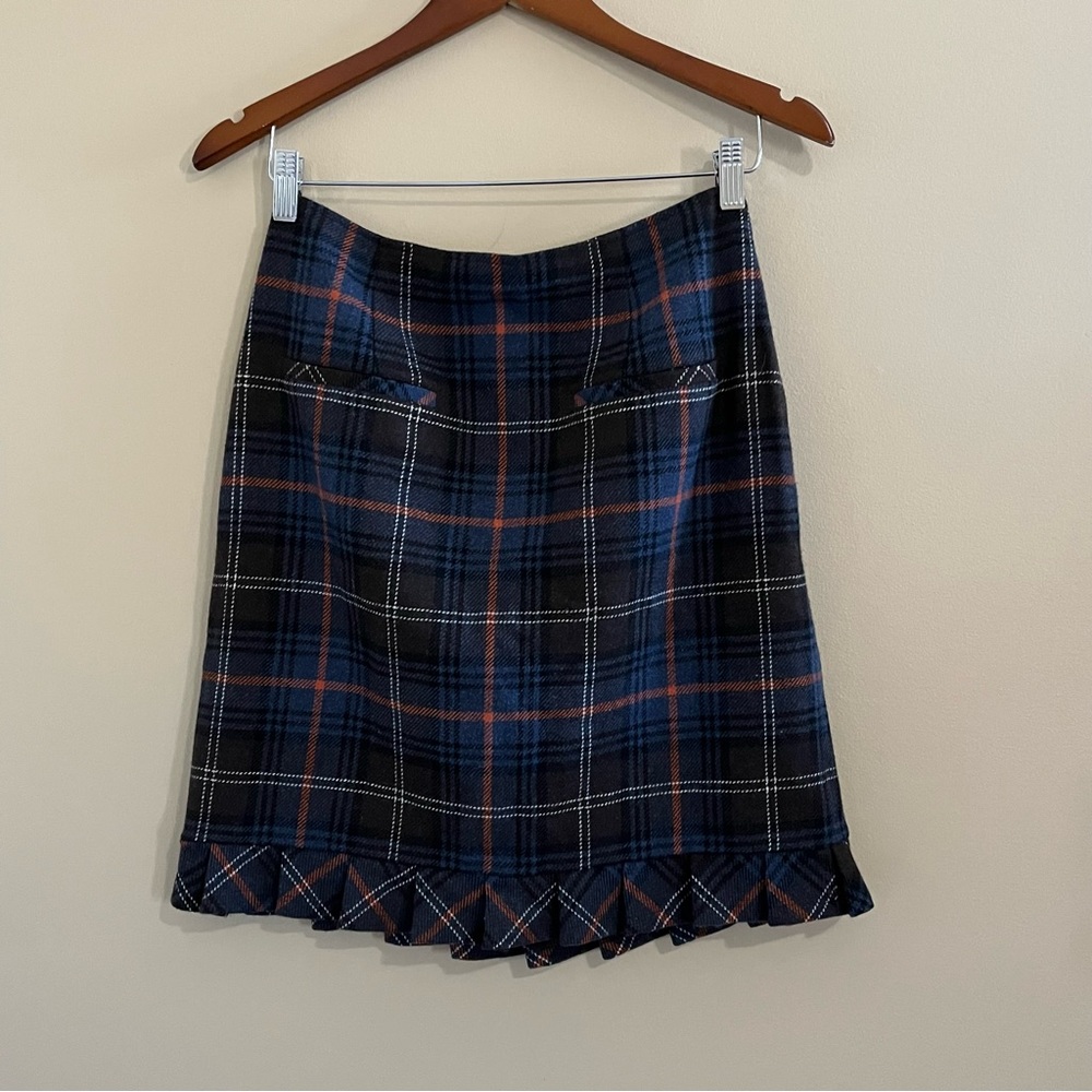 CAbi Women’s Heritage Plaid Pleated Ruffle Hem Preppy Wool Blend Skirt Size 6